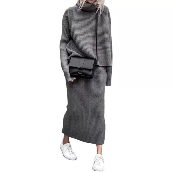 chouyatou Womens Turtleneck 2 Piece Outfits Ribbed Knit Sweater Midi Pencil Skirt SetGray