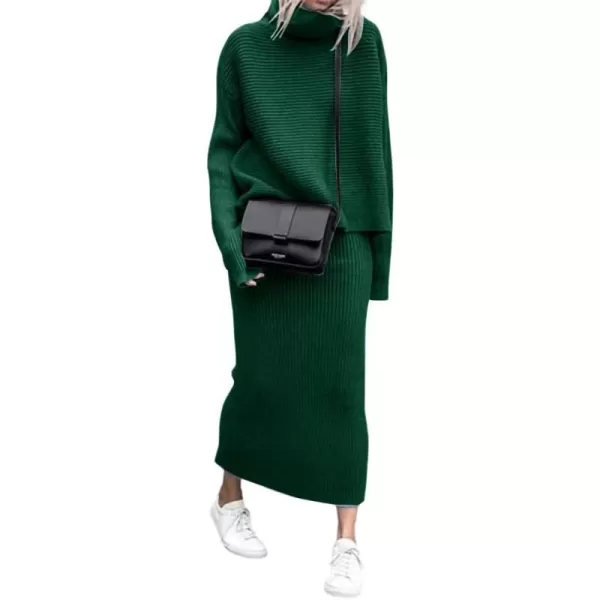 chouyatou Womens Turtleneck 2 Piece Outfits Ribbed Knit Sweater Midi Pencil Skirt SetGreen