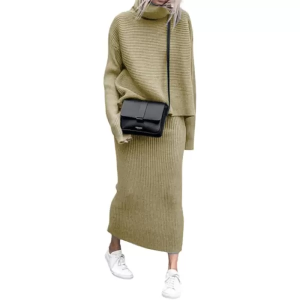 chouyatou Womens Turtleneck 2 Piece Outfits Ribbed Knit Sweater Midi Pencil Skirt SetKhaki