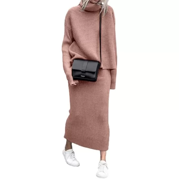 chouyatou Womens Turtleneck 2 Piece Outfits Ribbed Knit Sweater Midi Pencil Skirt SetPink