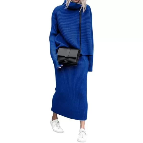 chouyatou Womens Turtleneck 2 Piece Outfits Ribbed Knit Sweater Midi Pencil Skirt SetRoyal Blue