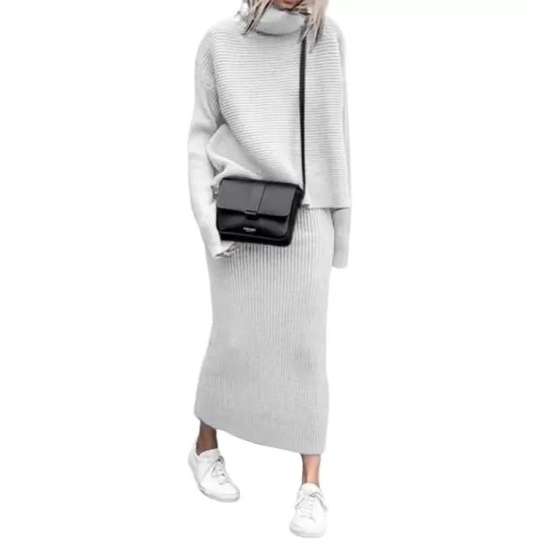 chouyatou Womens Turtleneck 2 Piece Outfits Ribbed Knit Sweater Midi Pencil Skirt SetWhite
