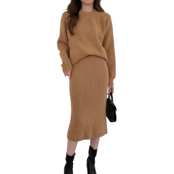 chouyatou Womens Two Piece Sweater Skirt Sets Knit Sweater Top Bodycon Skirt 2 Piece OutfitsCamel