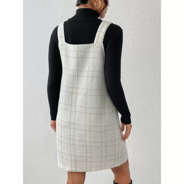 chouyatou Women Elegant A Line Tweed Pinafore Dress V Neck Sleeveless Plaid Mini Short Overall Vest DressApricot