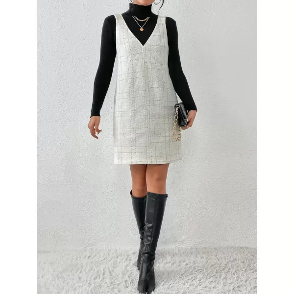chouyatou Women Elegant A Line Tweed Pinafore Dress V Neck Sleeveless Plaid Mini Short Overall Vest DressApricot