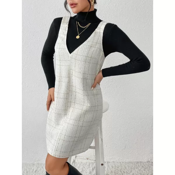 chouyatou Women Elegant A Line Tweed Pinafore Dress V Neck Sleeveless Plaid Mini Short Overall Vest DressApricot