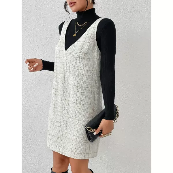 chouyatou Women Elegant A Line Tweed Pinafore Dress V Neck Sleeveless Plaid Mini Short Overall Vest DressApricot