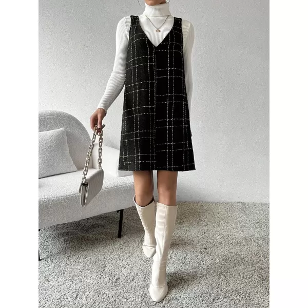 chouyatou Women Elegant A Line Tweed Pinafore Dress V Neck Sleeveless Plaid Mini Short Overall Vest DressBlack