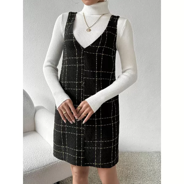 chouyatou Women Elegant A Line Tweed Pinafore Dress V Neck Sleeveless Plaid Mini Short Overall Vest DressBlack