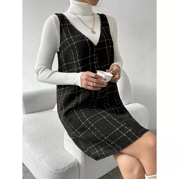 chouyatou Women Elegant A Line Tweed Pinafore Dress V Neck Sleeveless Plaid Mini Short Overall Vest DressBlack