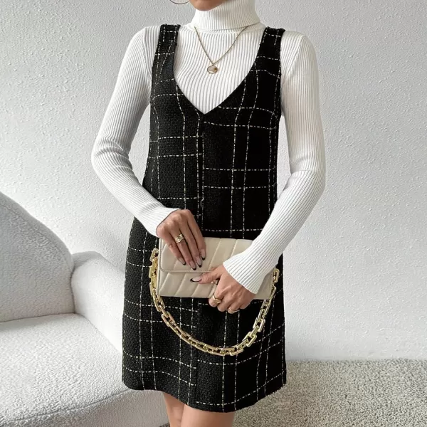 chouyatou Women Elegant A Line Tweed Pinafore Dress V Neck Sleeveless Plaid Mini Short Overall Vest DressBlack