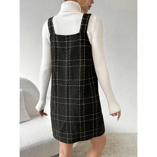chouyatou Women Elegant A Line Tweed Pinafore Dress V Neck Sleeveless Plaid Mini Short Overall Vest DressBlack