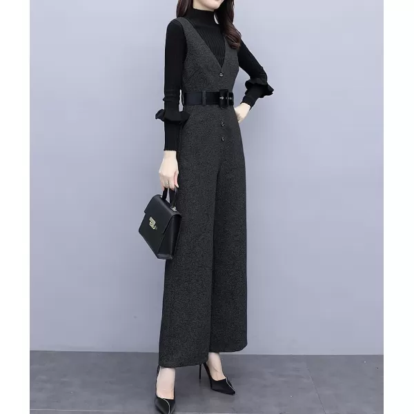 chouyatou Women Fall Winter Casual Business Wool Blend V Neck Romper Overall Sleeveless Jumpsuit with TieBlack
