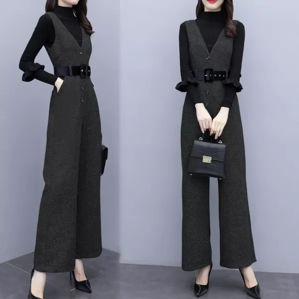 chouyatou Women Fall Winter Casual Business Wool Blend V Neck Romper Overall Sleeveless Jumpsuit with TieBlack