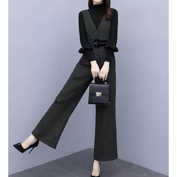 chouyatou Women Fall Winter Casual Business Wool Blend V Neck Romper Overall Sleeveless Jumpsuit with TieBlack