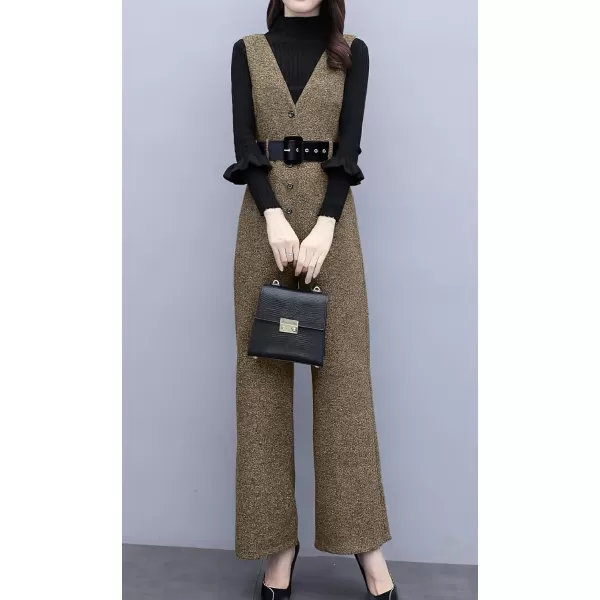 chouyatou Women Fall Winter Casual Business Wool Blend V Neck Romper Overall Sleeveless Jumpsuit with TieBrown