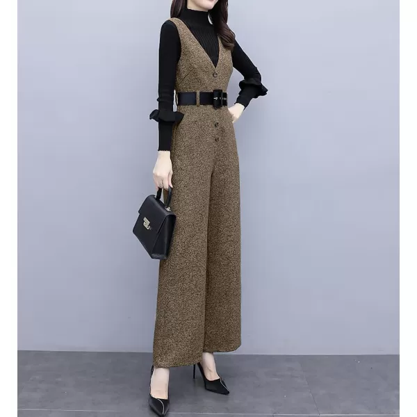 chouyatou Women Fall Winter Casual Business Wool Blend V Neck Romper Overall Sleeveless Jumpsuit with TieBrown