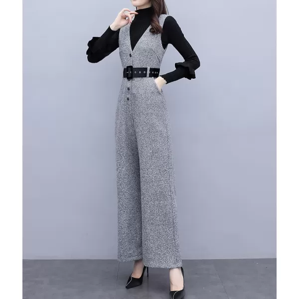 chouyatou Women Fall Winter Casual Business Wool Blend V Neck Romper Overall Sleeveless Jumpsuit with TieGrey