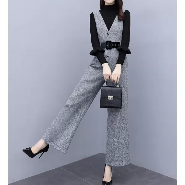 chouyatou Women Fall Winter Casual Business Wool Blend V Neck Romper Overall Sleeveless Jumpsuit with TieGrey