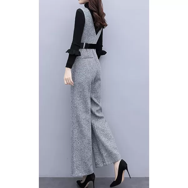 chouyatou Women Fall Winter Casual Business Wool Blend V Neck Romper Overall Sleeveless Jumpsuit with TieGrey