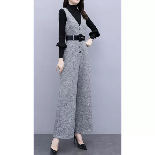 chouyatou Women Fall Winter Casual Business Wool Blend V Neck Romper Overall Sleeveless Jumpsuit with TieGrey