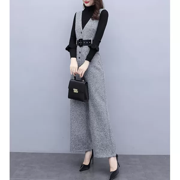 chouyatou Women Fall Winter Casual Business Wool Blend V Neck Romper Overall Sleeveless Jumpsuit with TieGrey
