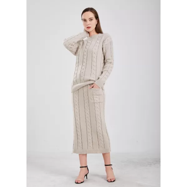 chouyatou Women Winter Casual Chunky Cable Knit Long Pencil Skirt 2 Piece Outfit Oversized Pullover Sweater SetsApricot