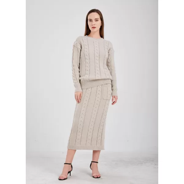 chouyatou Women Winter Casual Chunky Cable Knit Long Pencil Skirt 2 Piece Outfit Oversized Pullover Sweater SetsApricot