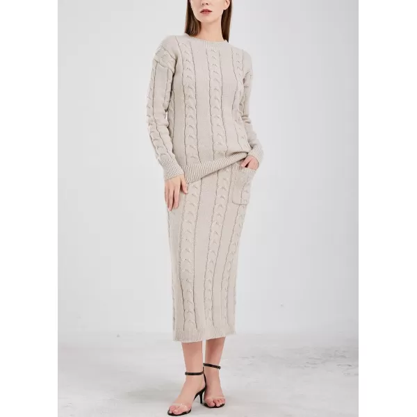 chouyatou Women Winter Casual Chunky Cable Knit Long Pencil Skirt 2 Piece Outfit Oversized Pullover Sweater SetsApricot