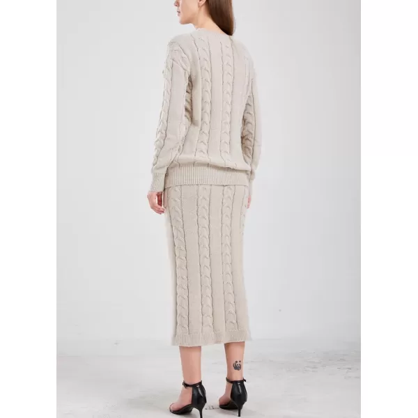 chouyatou Women Winter Casual Chunky Cable Knit Long Pencil Skirt 2 Piece Outfit Oversized Pullover Sweater SetsApricot