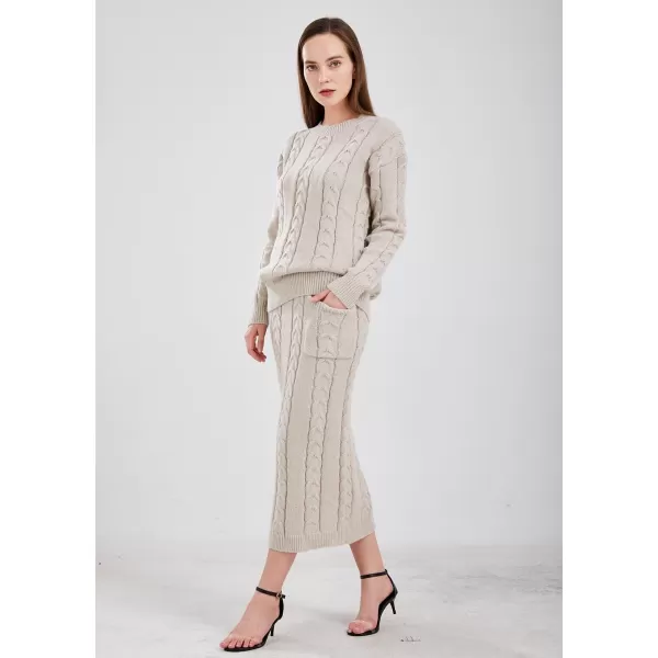 chouyatou Women Winter Casual Chunky Cable Knit Long Pencil Skirt 2 Piece Outfit Oversized Pullover Sweater SetsApricot