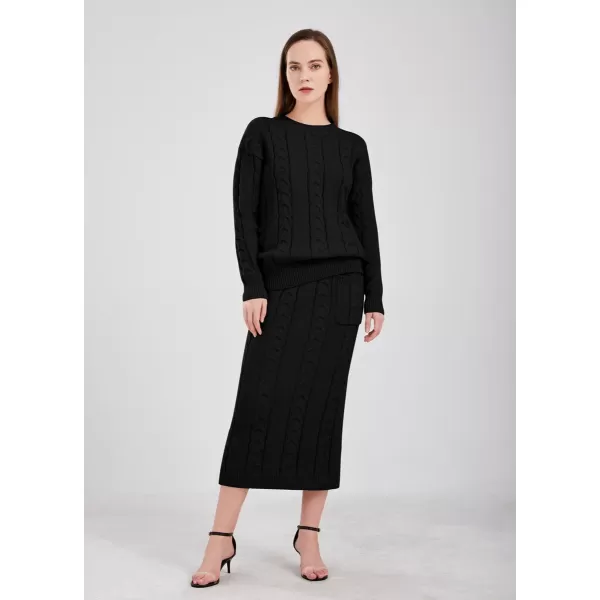 chouyatou Women Winter Casual Chunky Cable Knit Long Pencil Skirt 2 Piece Outfit Oversized Pullover Sweater SetsBlack