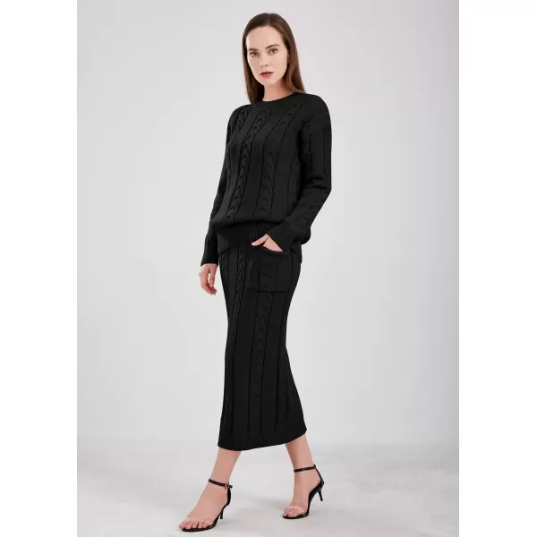 chouyatou Women Winter Casual Chunky Cable Knit Long Pencil Skirt 2 Piece Outfit Oversized Pullover Sweater SetsBlack