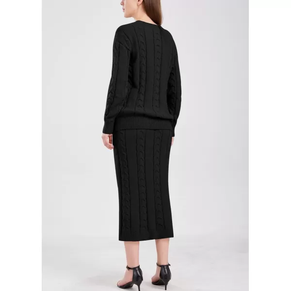 chouyatou Women Winter Casual Chunky Cable Knit Long Pencil Skirt 2 Piece Outfit Oversized Pullover Sweater SetsBlack