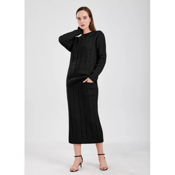 chouyatou Women Winter Casual Chunky Cable Knit Long Pencil Skirt 2 Piece Outfit Oversized Pullover Sweater SetsBlack