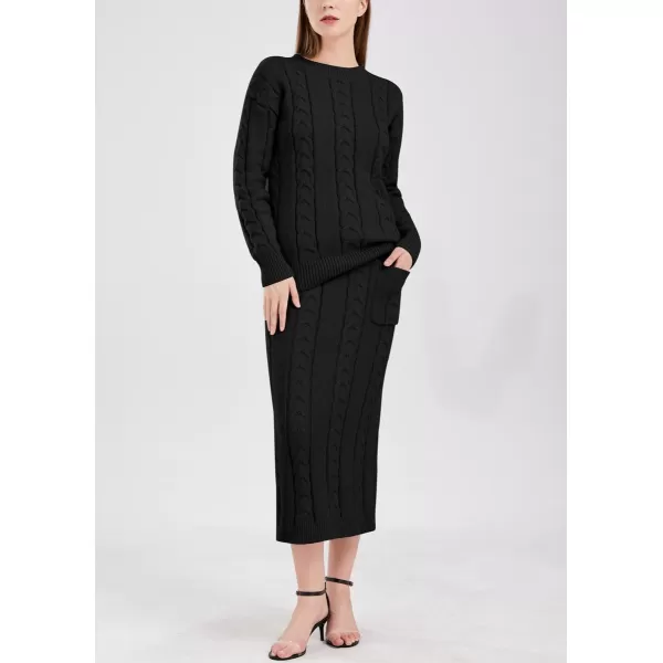 chouyatou Women Winter Casual Chunky Cable Knit Long Pencil Skirt 2 Piece Outfit Oversized Pullover Sweater SetsBlack