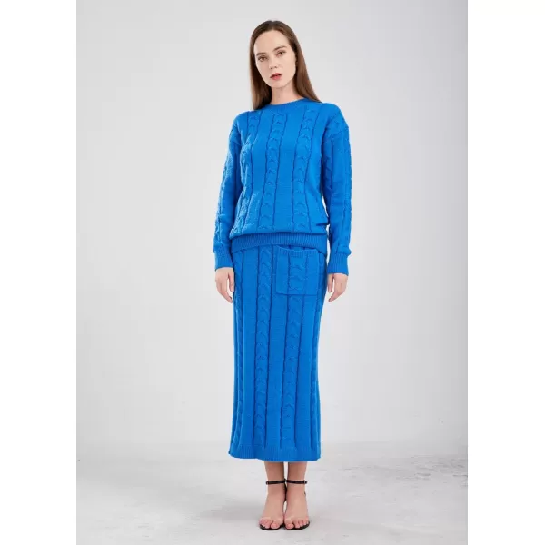 chouyatou Women Winter Casual Chunky Cable Knit Long Pencil Skirt 2 Piece Outfit Oversized Pullover Sweater SetsBlue