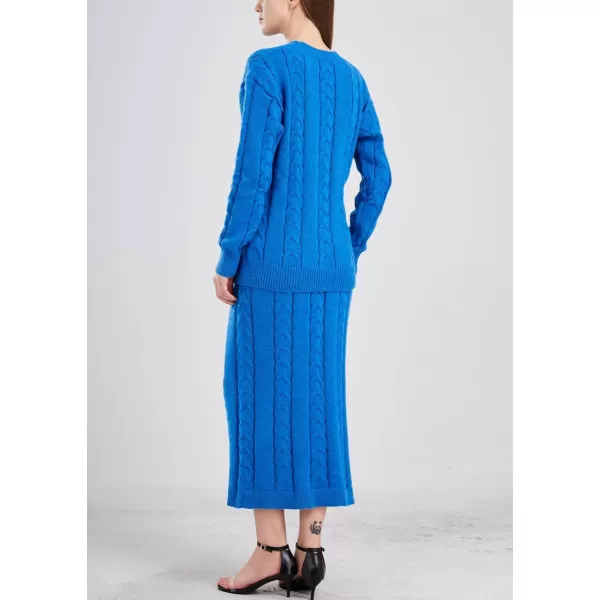 chouyatou Women Winter Casual Chunky Cable Knit Long Pencil Skirt 2 Piece Outfit Oversized Pullover Sweater SetsBlue