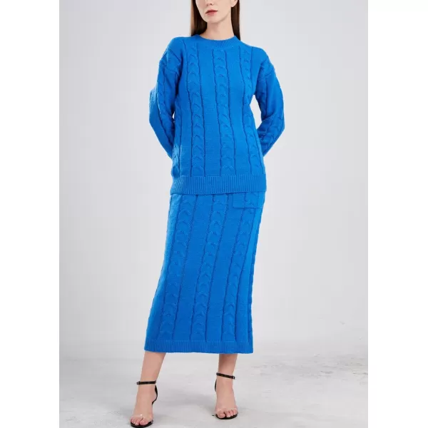 chouyatou Women Winter Casual Chunky Cable Knit Long Pencil Skirt 2 Piece Outfit Oversized Pullover Sweater SetsBlue