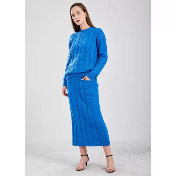 chouyatou Women Winter Casual Chunky Cable Knit Long Pencil Skirt 2 Piece Outfit Oversized Pullover Sweater SetsBlue