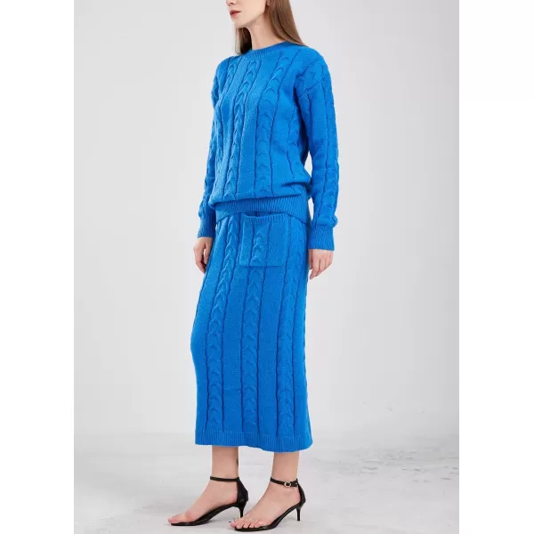 chouyatou Women Winter Casual Chunky Cable Knit Long Pencil Skirt 2 Piece Outfit Oversized Pullover Sweater SetsBlue