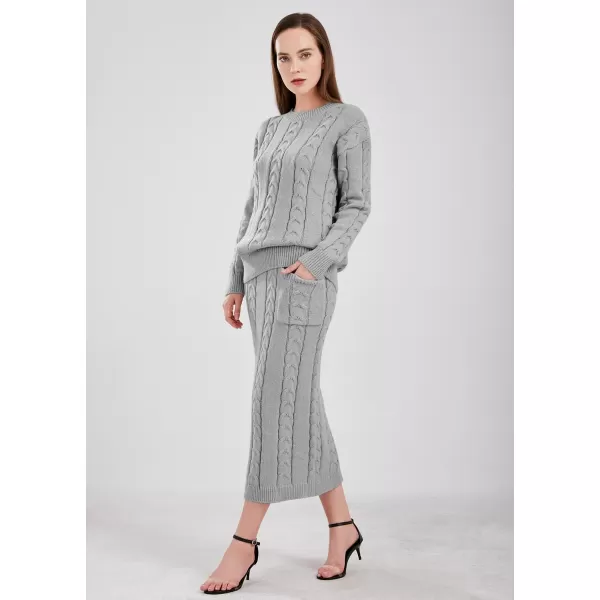 chouyatou Women Winter Casual Chunky Cable Knit Long Pencil Skirt 2 Piece Outfit Oversized Pullover Sweater SetsGrey