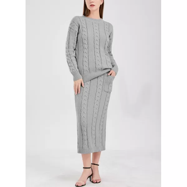 chouyatou Women Winter Casual Chunky Cable Knit Long Pencil Skirt 2 Piece Outfit Oversized Pullover Sweater SetsGrey