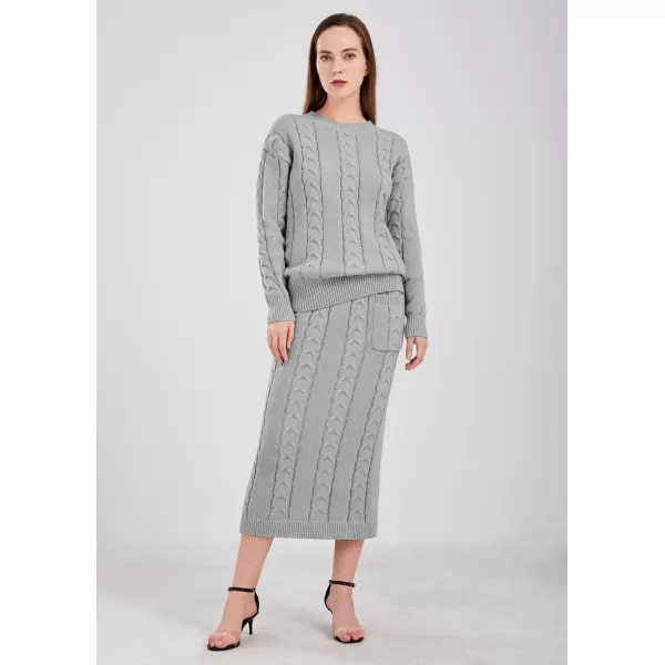chouyatou Women Winter Casual Chunky Cable Knit Long Pencil Skirt 2 Piece Outfit Oversized Pullover Sweater SetsGrey