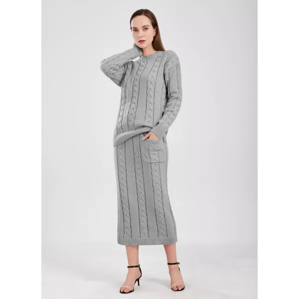 chouyatou Women Winter Casual Chunky Cable Knit Long Pencil Skirt 2 Piece Outfit Oversized Pullover Sweater SetsGrey