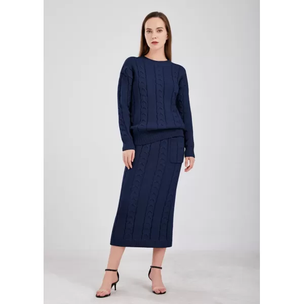 chouyatou Women Winter Casual Chunky Cable Knit Long Pencil Skirt 2 Piece Outfit Oversized Pullover Sweater SetsNavy Blue