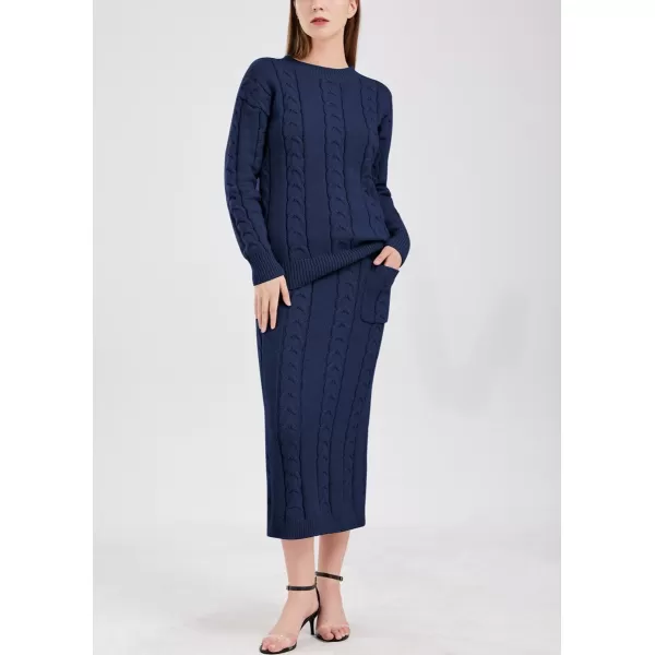 chouyatou Women Winter Casual Chunky Cable Knit Long Pencil Skirt 2 Piece Outfit Oversized Pullover Sweater SetsNavy Blue