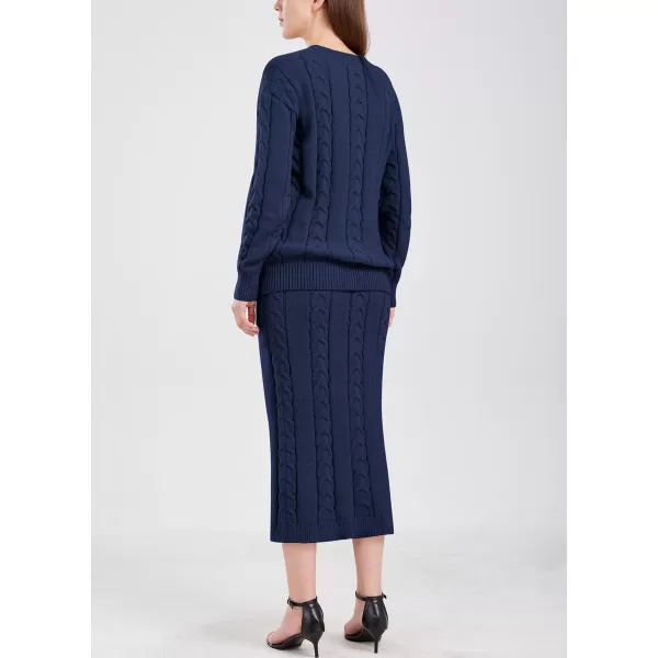 chouyatou Women Winter Casual Chunky Cable Knit Long Pencil Skirt 2 Piece Outfit Oversized Pullover Sweater SetsNavy Blue