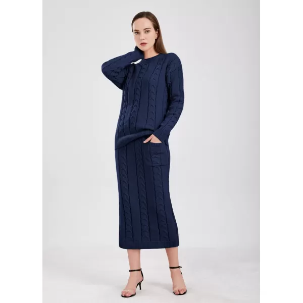 chouyatou Women Winter Casual Chunky Cable Knit Long Pencil Skirt 2 Piece Outfit Oversized Pullover Sweater SetsNavy Blue