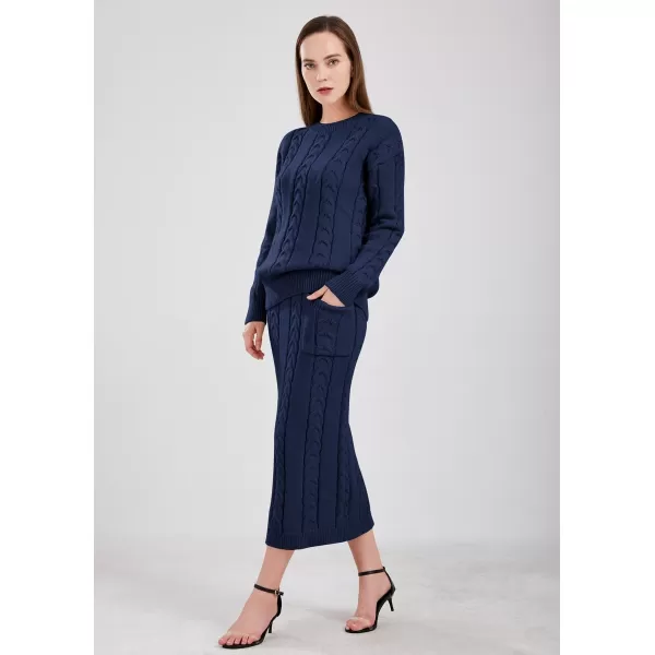 chouyatou Women Winter Casual Chunky Cable Knit Long Pencil Skirt 2 Piece Outfit Oversized Pullover Sweater SetsNavy Blue